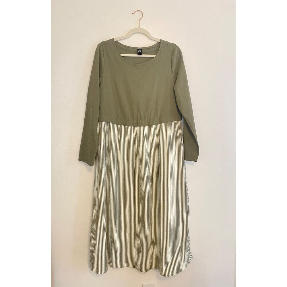 Emery Rose Sage Green & White Striped Long Sleeve Maxi Dress Size S